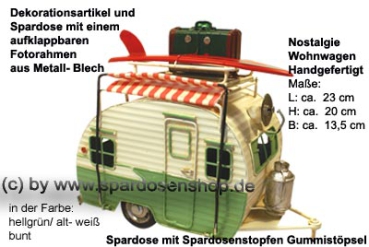 Preview: Spardose Wohnwagen Nostalgie Blech hellgrün-weiß – Retro Dekoartikel mit Stöpsel Preview: Nostalgie Wohnwagen hellgrün B